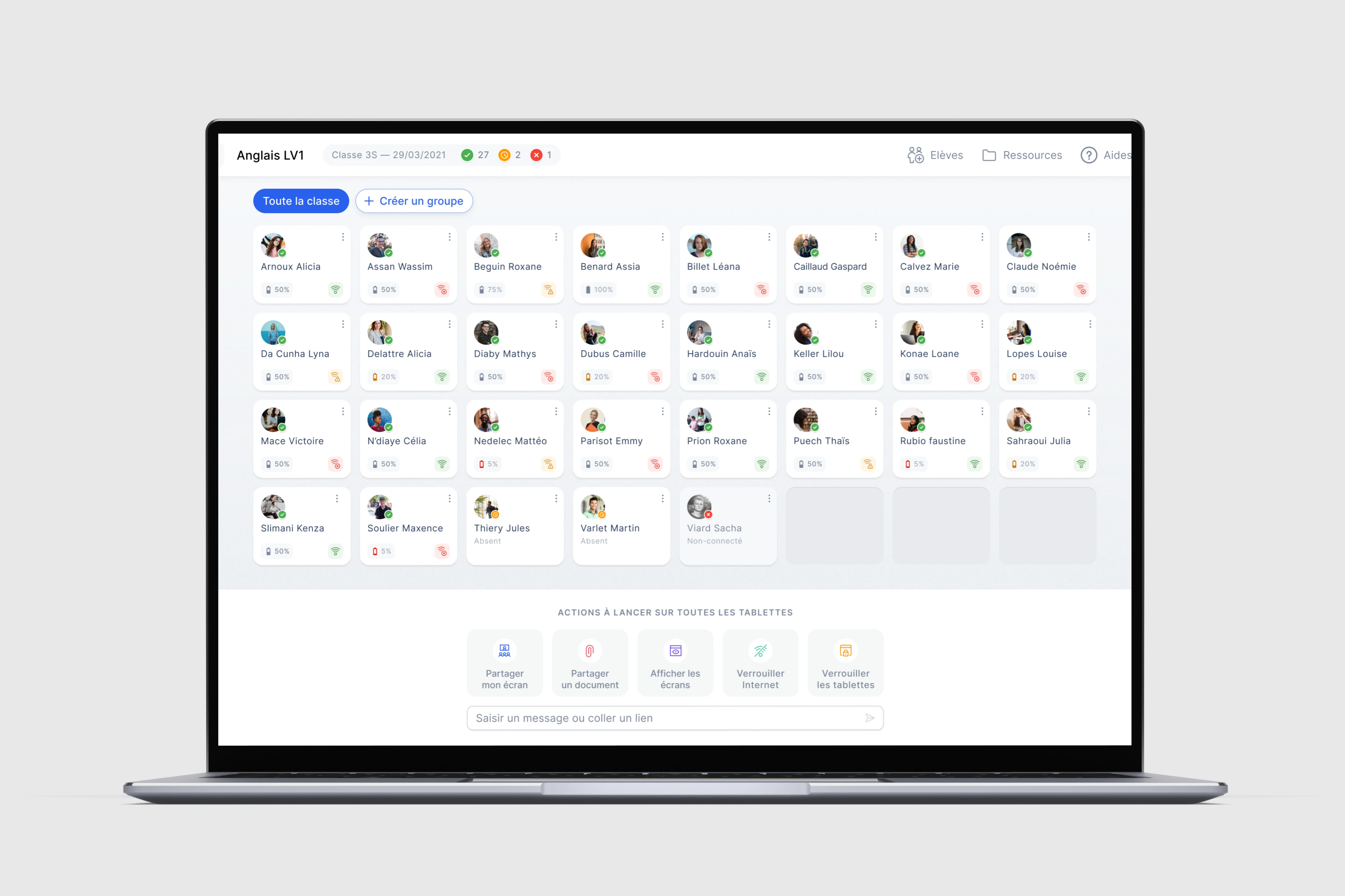 Vue grille enseignant : chaque élève visible, chaque action accessible